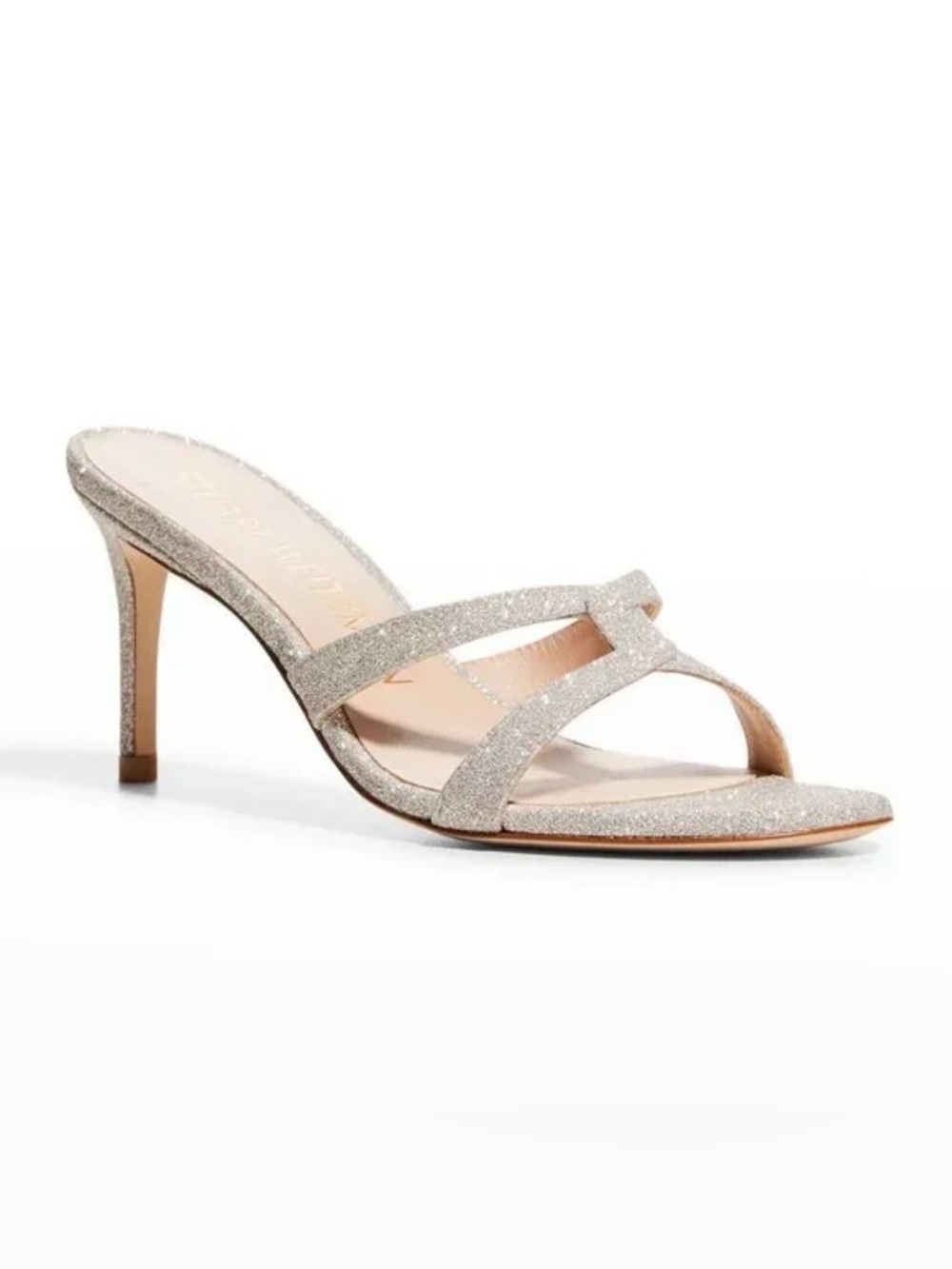 NEW Stuart Weitzman Silver Glitter Crossover SlideHeel (Soiree Sleek 75 Sandal)